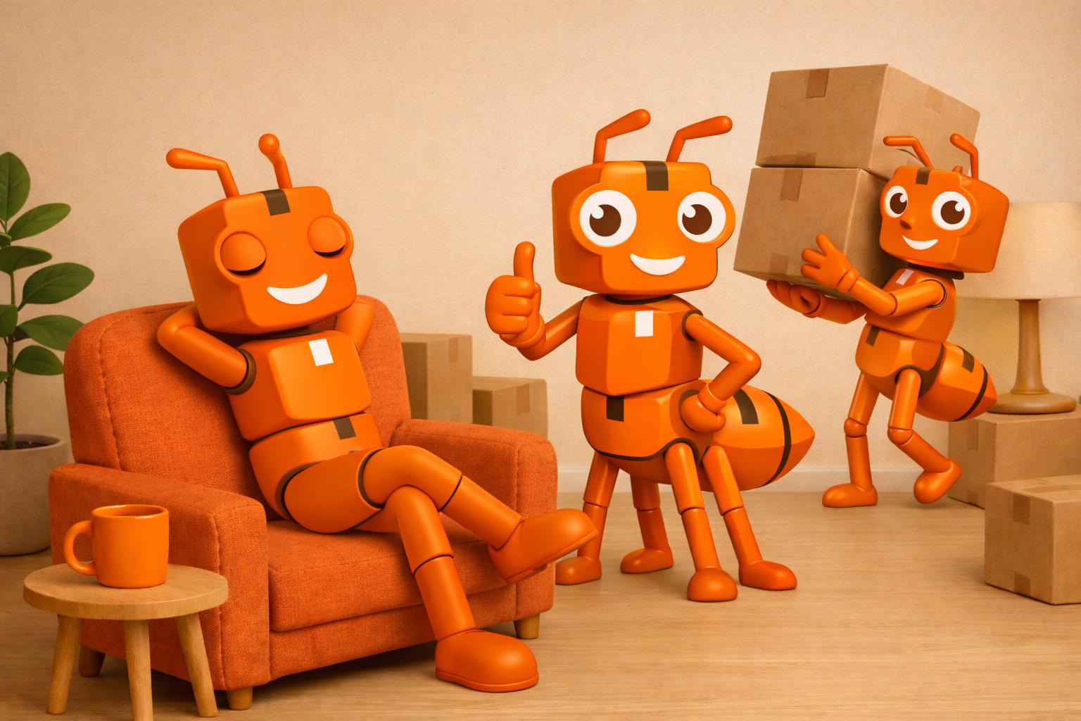 Asiakas rentoutuu sohvalla Movaroo-maskottien hoitaessa kuljetuksen